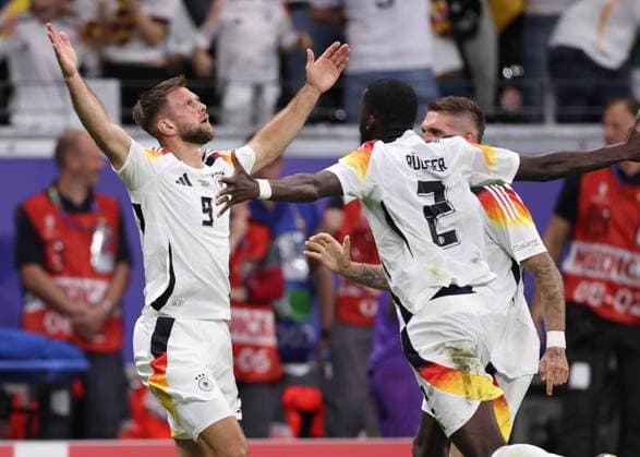 Frankfurt, Germany, 23rd June 2024. Niclas Fuellkrug of Germany celebrates scoring the equalsiing goal during the UEFA European championships match at Commerzbank-Arena, Frankfurt. Picture credit should read: David Klein Sportimage EDITORIAL USE ONLY. No use with unauthorised audio, video, data, fixture lists, club league logos or live services. Online in-match use limited to 120 images, no video emulation. No use in betting, games or single club league player publications. SPI-3203-0116