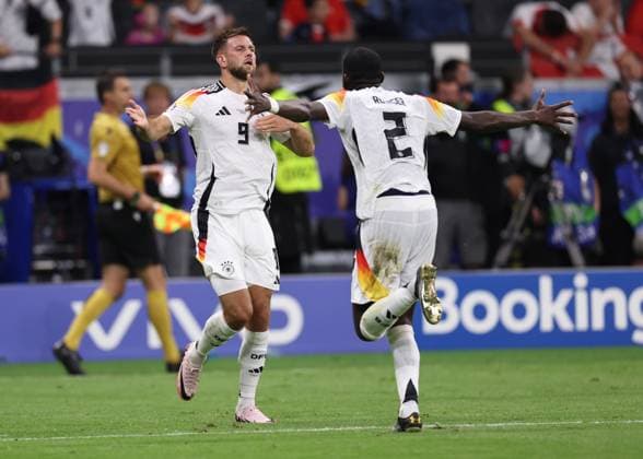 Frankfurt, Germany, 23rd June 2024. Niclas Fuellkrug of Germany celebrates scoring the equalsiing goal during the UEFA European championships match at Commerzbank-Arena, Frankfurt. Picture credit should read: David Klein Sportimage EDITORIAL USE ONLY. No use with unauthorised audio, video, data, fixture lists, club league logos or live services. Online in-match use limited to 120 images, no video emulation. No use in betting, games or single club league player publications. SPI-3203-0117
