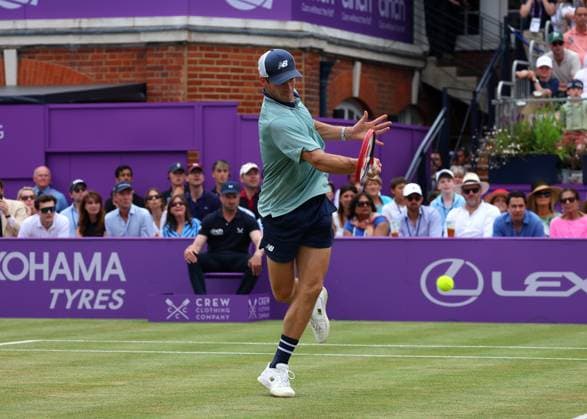 23rd June 2024; Cinch Championships, Queens Club, West Kensington, London, England: Cinch Championships Queens Club, Day 7; Tommy Paul (USA) with a forehand shot to Lorenzo Musetti (ITA), mens singles final match  ActionPlus12659654 JohnxPatrickxFletcher