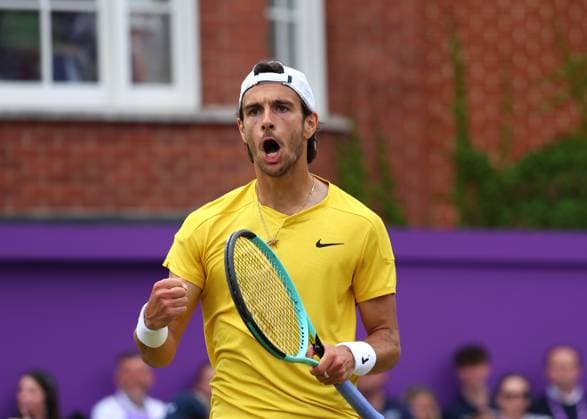 23rd June 2024; Cinch Championships, Queens Club, West Kensington, London, England: Cinch Championships Queens Club, Day 7; Lorenzo Musetti (ITA) celebrates towards his coaches after winning a game against Tommy Paul (USA), mens singles final match  ActionPlus12659659 JohnxPatrickxFletcher