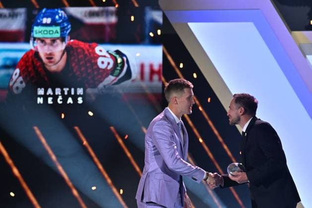Gala evening to present Golden Stick award for the best Czech Ice hockey, Eishockey player of past season was held in Prague, Czech Republic, on June 23, 2024. On the photo aer seen (L-R) Martin Necas (3rd place) and former goalkeeper Milan Hnilicka. (CTKxPhoto MichaelaxRihova) CTKPhotoP2024062306469  CTKPhotoP2024062306469