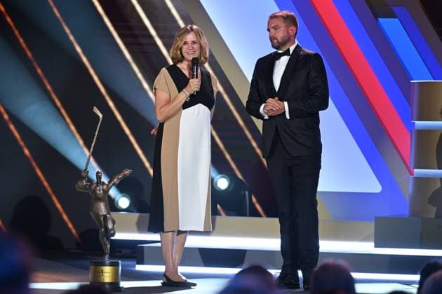 Gala evening to present Golden Stick award for the best Czech Ice hockey, Eishockey player of past season was held in Prague, Czech Republic, on June 23, 2024. The winner of the poll is hockey forward David Pastrnak, for whom his mother Marcela Ziembova (left) accepted the award. On the right side is seen moderator Libor Boucek. (CTKxPhoto MichaelaxRihova) CTKPhotoP2024062306452  CTKPhotoP2024062306452