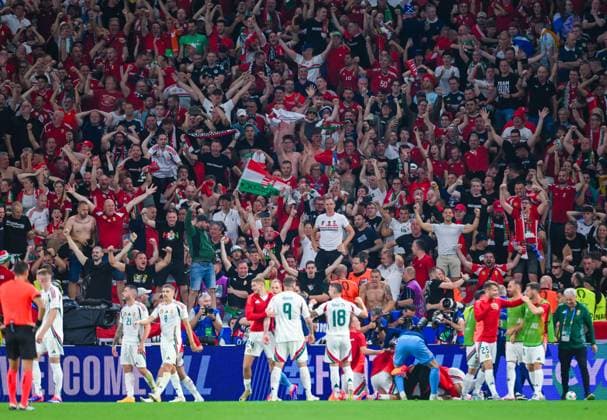 Hungarian fans celebrate the goal from Kevin Csoboth Hungary , UEFA EURO 2024 Group A, Scotland vs Hungary, Arena Stuttgart on June 23, 2024 in Stuttgart, Germany Photo by Silas Schueller DeFodi Images Hungarian fans celebrate the goal from Kevin Csoboth Hungary , UEFA EURO 2024 Group A, Scotland vs Hungary, Arena Stuttgart on June 23, 2024 in Stuttgart, Germany Photo by Silas Schueller DeFodi Images Defodi 738 738 SCOHUN 20240623 314 Defodi-738