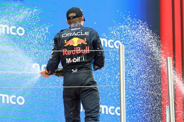 23 06 2024, xrarjax, Motorsport FIA Formula 1, Spanish Grand Prix emspor, v l race Max Verstappen Oracle Red Bull Racing starting number 1 on the podium cheers joy emotions champagne shower award ceremony Barcelona