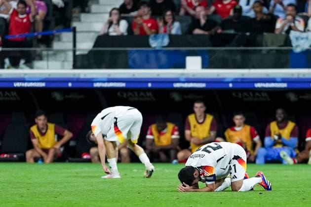 Frankfurt, Germany, June 23th 2024: Ä°lkay Gundogan (21 Germany) looks dejected and disappointed a on the ground during the UEFA EURO, EM, Europameisterschaft,Fussball 2024 Germany Group A match between Switzerland and Germany at Frankfurt Arena in Frankfurt, Germany. (Daniela Porcelli SPP)  Copyright: xDanielaxPorcellix xSPPx spp-en-DaPoSp-20240623-DP201354