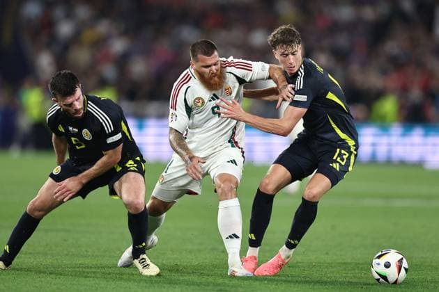 Grant Hanley (Scotland)Martin Adam (Hungary)Jack Hendry (Scotland) during the UEFA EURO, EM, Europameisterschaft,Fussball Germany 2024 match between Scotland 0-1 Hungary at Stuttgart Arena on June 23, 2024 in Stuttgart, Germany. Noxthirdxpartyxsales  (257445029)