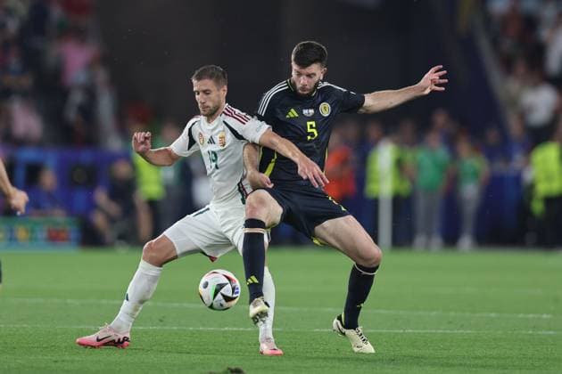 Barnabas Varga (Hungary)Grant Hanley (Scotland) during the UEFA EURO, EM, Europameisterschaft,Fussball Germany 2024 match between Scotland 0-1 Hungary at Stuttgart Arena on June 23, 2024 in Stuttgart, Germany. Noxthirdxpartyxsales  (257445180)