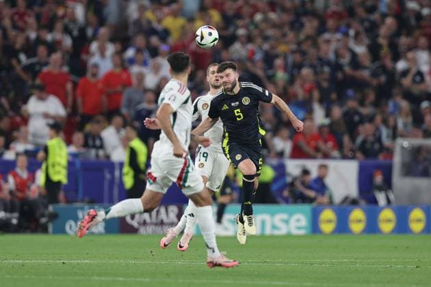 Grant Hanley (Scotland)Barnabas Varga (Hungary) during the UEFA EURO, EM, Europameisterschaft,Fussball Germany 2024 match between Scotland 0-1 Hungary at Stuttgart Arena on June 23, 2024 in Stuttgart, Germany. Noxthirdxpartyxsales  (257445199)