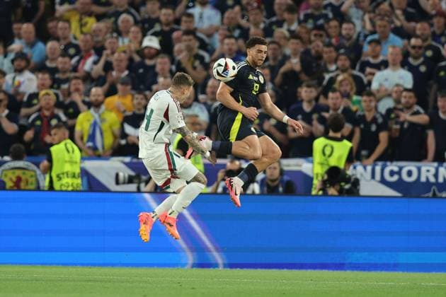 Che Adams (Scotland)Bendeguz Bolla (Hungary) during the UEFA EURO, EM, Europameisterschaft,Fussball Germany 2024 match between Scotland 0-1 Hungary at Stuttgart Arena on June 23, 2024 in Stuttgart, Germany. Noxthirdxpartyxsales  (257445227)