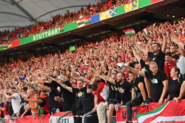 Hungarian fans,Football fans,Fan block, Group stage Group A Scotland SCO Hungary HUN 0 1, on 23 06 2024, Stuttgart Arena Football UEFA EURO 2024 GERMANY from 14 06 2024 14 07 2024
