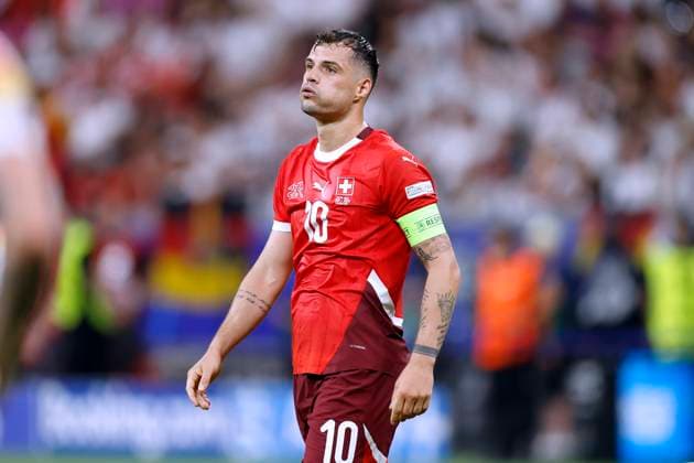 XHAKA Granit Kapitaen Team Schweiz UEFA Fussball EURO 2024 in Deutschland Vorrundenspiel Gruppe A Schweiz Deutschland 1 1 am 23 06 2024 in Frankfurt DFL REGULATIONS PROHIBIT ANY USE OF PHOTOGRAPHS as IMAGE SEQUENCES and or QUASI VIDEO Copyright: xLacixPerenyix