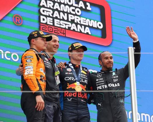 June 23, 2024, Sabadell, Barcelona, Spain: Montmelo Spain June 23, 2024 Max Verstappen (1 NL Redbull), Lewis Hamilton (44 GBR Mercedes) and Lando Norris (4 GBR McLaren) podium with awards ceremony during race at the Formula 1 Aramaco Spain Grand Prix 2024 in Montmelo Spain on 23 June 2024 Sabadell Spain - ZUMAu50_ 20240623_zsp_u50_048 Copyright: xXavixUrgelesx