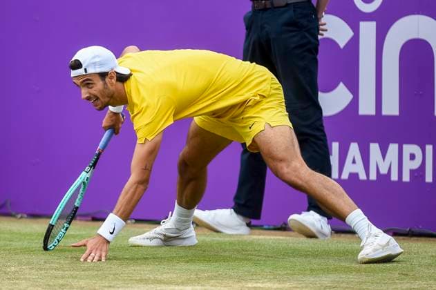 (240624) -- LONDON, June 24, 2024 -- Lorenzo Musetti of Italy reacts during the men s singles final match between Tommy Paul of the United States and Lorenzo Musetti of Italy at the Cinch ATP, Tennis Herren Championships at The Queen s Club in London, Britain, June 23, 2024. (Photo by Xinhua) (SP)BRITAIN-LONDON-TENNIS-QUEEN S CLUB-MEN S SINGLES-FINAL StephenxChung 