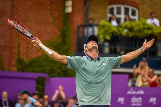 (240624) -- LONDON, June 24, 2024 -- Tommy Paul of the United States celebrates after winning the men s singles final match between Tommy Paul of the United States and Lorenzo Musetti of Italy at the Cinch ATP, Tennis Herren Championships at The Queen s Club in London, Britain, June 23, 2024. (Photo by Xinhua) (SP)BRITAIN-LONDON-TENNIS-QUEEN S CLUB-MEN S SINGLES-FINAL StephenxChung 