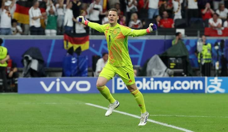 Goalkeeper Manuel Neuer cheers joy emotion jubilation Sport Football Soccer European Championship Euro 2024 European Championship Men Season 2023 2024 23 06 2024 Switzerland SUI vs Germany GER in Frankfurt a M DFL regulations prohibit any use of photographs as image sequences and or quasi video