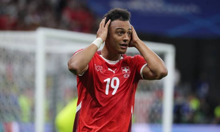Dan Ndoye disappointed Disappointment Sport Football Soccer European Championship Euro 2024 European Championship Men Season 2023 2024 23 06 2024 Switzerland SUI vs Germany GER in Frankfurt a M DFL regulations prohibit any use of photographs as image sequences and or quasi video