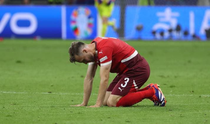 Silvan Widmer disappointed after the end of the match Disappointment Sport Football Soccer European Championship Euro 2024 European Championship Men Season 2023 2024 23 06 2024 Switzerland SUI vs Germany GER in Frankfurt a M DFL regulations prohibit any use of photographs as image sequences and or quasi video
