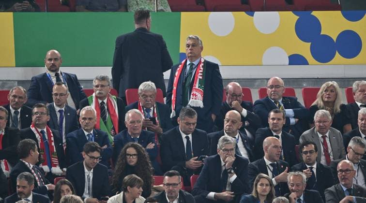 STUTTGART, GERMANY - JUNE 23: The Prime Minister of Hungary Viktor Orban watching from stands Barnabas Varga (not on picture) of Hungary lies on the ground after a collision with other players during the UEFA EURO, EM, Europameisterschaft,Fussball 2024 group stage match between Scotland and Hungary at Stuttgart Arena on June 23, 2024 in Stuttgart, Germany. Photo by Sebastian Frej Scotland v Hungary: Group A - UEFA EURO 2024 Copyright: xSebastianxFrej MBxMediax