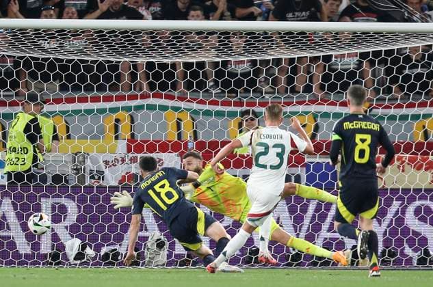 Football - 2024 UEFA European Championship, EM, Europameisterschaft Finals - Group A - Scotland vs Hungary - Stuggart Arena - Sunday 23rd June 2024 Kevin Csoboth of Hungary scores to make it 1-0 