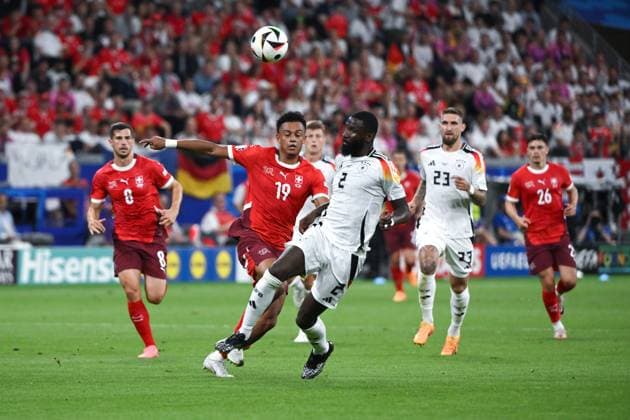 Dan Ndoye Switzerland , left , against Antonio Rüdiger Germany 23 06 2024, European Football Championship 2024, Preliminary round, Matchday 3 Switzerland Germany 1 1 Frankfurt Frankfurt Arena Hessen Germany Team2