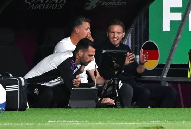 v re , national coach Julian Nagelsmann Germany , Sandro Wagner assistant coach Germany , Mads Buttgereit DFB standard coach 23 06 2024, European Football Championship 2024, preliminary round, 3 match day Switzerland Germany 1 1 Frankfurt Frankfurt Arena Hessen Germany Team2