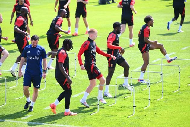 EURO 2024, Nationalteam Belgien, Training Belgium Media Activities - UEFA EURO, EM, Europameisterschaft,Fussball 2024 24 06 2024 FREIBERG AM NECKA, GERMANY - JUNE 24 : Vermeeren Arthur midfielder of Belgium, Mangala Orel midfielder of Belgium, Openda Lois forward of Belgium during a training session of the Belgian Red Devils at the UEFA EURO 2024 European Football Championship tournament on June 24, 2024 in Freiberg am Necka, Germany, 24 06 2024 Freiberg am Necka Germany  Copyright: xVincentxKalutx