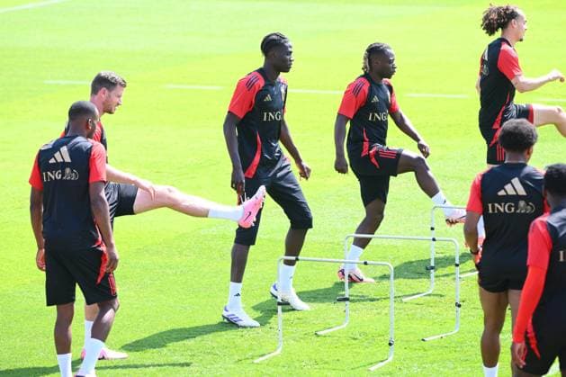 EURO 2024, Nationalteam Belgien, Training Belgium Media Activities - UEFA EURO, EM, Europameisterschaft,Fussball 2024 24 06 2024 FREIBERG AM NECKA, GERMANY - JUNE 24 : Onana Amadou midfielder of Belgium, Doku Jeremy forward of Belgium during a training session of the Belgian Red Devils at the UEFA EURO 2024 European Football Championship tournament on June 24, 2024 in Freiberg am Necka, Germany, 24 06 2024 Freiberg am Necka Germany  Copyright: xVincentxKalutx