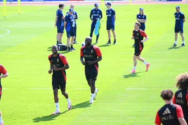 EURO 2024, Nationalteam Belgien, Training Belgium Media Activities - UEFA EURO, EM, Europameisterschaft,Fussball 2024 24 06 2024 FREIBERG AM NECKA, GERMANY - JUNE 24 : Lukebakio Dodi forward of Belgium, Lukaku Romelu forward of Belgium during a training session of the Belgian Red Devils at the UEFA EURO 2024 European Football Championship tournament on June 24, 2024 in Freiberg am Necka, Germany, 24 06 2024 Freiberg am Necka Germany  Copyright: xVincentxKalutx