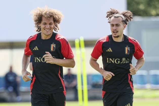 Belgium s Wout Faes and Belgium s Arthur Theate pictured during a training session of Belgian national soccer team Red Devils, Monday 24 June 2024 at their base camp in Freiberg am Neckar, Germany, during the UEFA EURO, EM, Europameisterschaft,Fussball 2024 European Soccer Championships. The Red Devils play in Group E at the Euro 2024 European Championships in Germany and have one last game to play. BRUNOxFAHY  x95168808x