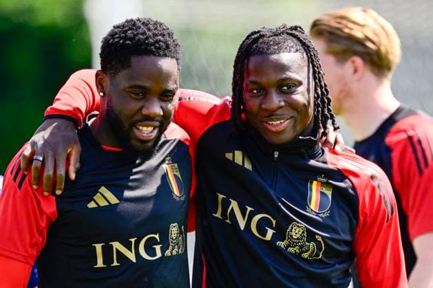 EURO 2024, Nationalteam Belgien, Training Belgium Media Activities - UEFA EURO, EM, Europameisterschaft,Fussball 2024 24 06 2024 FREIBERG AM NECKA, GERMANY - JUNE 24 : Mangala Orel midfielder of Belgium and Bakayoko Johan forward of Belgium during a training session of the Belgian Red Devils at the UEFA EURO 2024 European Football Championship tournament on June 24, 2024 in Freiberg am Necka, Germany, 24 06 2024 Freiberg am Necka Germany  Copyright: xPeterxDexVoechtx