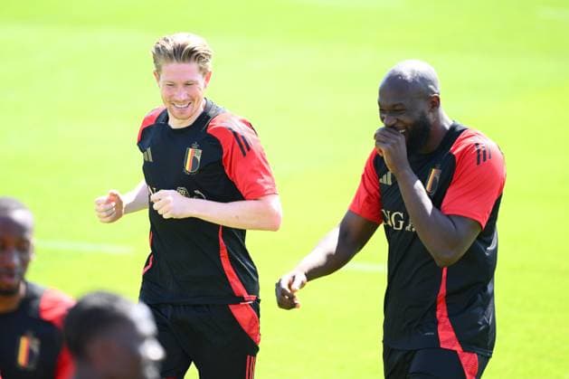 EURO 2024, Nationalteam Belgien, Training Belgium Media Activities - UEFA EURO, EM, Europameisterschaft,Fussball 2024 24 06 2024 FREIBERG AM NECKA, GERMANY - JUNE 24 : De Bruyne Kevin forward of Belgium, Lukaku Romelu forward of Belgium during a training session of the Belgian Red Devils at the UEFA EURO 2024 European Football Championship tournament on June 24, 2024 in Freiberg am Necka, Germany, 24 06 2024 Freiberg am Necka Germany  Copyright: xVincentxKalutx