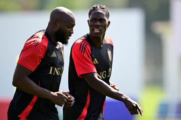 EURO 2024, Nationalteam Belgien, Training Belgium Media Activities - UEFA EURO, EM, Europameisterschaft,Fussball 2024 24 06 2024 FREIBERG AM NECKA, GERMANY - JUNE 24 : Lukaku Romelu forward of Belgium and Onana Amadou midfielder of Belgium during a training session of the Belgian Red Devils at the UEFA EURO 2024 European Football Championship tournament on June 24, 2024 in Freiberg am Necka, Germany, 24 06 2024 Freiberg am Necka Germany  Copyright: xPeterxDexVoechtx