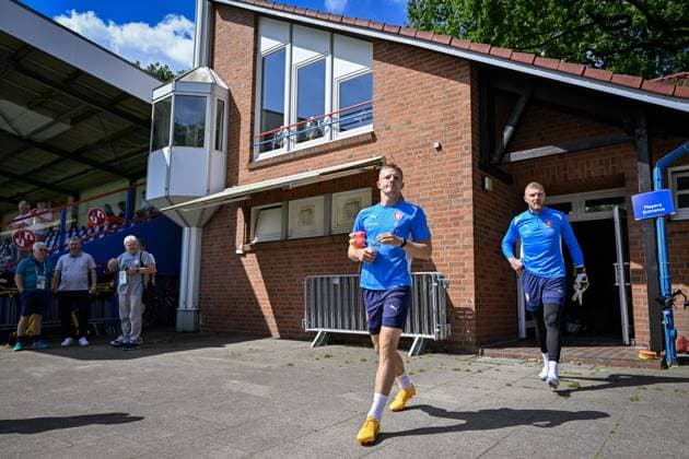 From left Lukas Cerv and goalkeeper Jindrich Stanek come to the Czech national football team training before the last match of Group F against Turkey within the European Football Championships in Norderstedt, Germany, June 24, 2024. (CTKxPhoto VitxSimanek) CTKPhotoP2024062403417  CTKPhotoP2024062403417