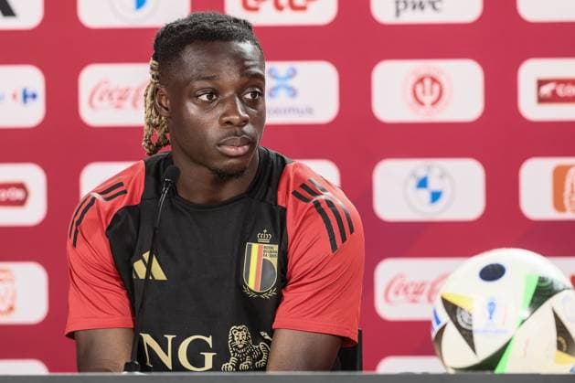 Belgium s Jeremy Doku pictured during a press conference, PK, Pressekonferenz of Belgian national soccer team Red Devils, Monday 24 June 2024 at their base camp in Freiberg am Neckar, Germany, during the UEFA EURO, EM, Europameisterschaft,Fussball 2024 European Soccer Championships. The Red Devils play in Group E at the Euro 2024 European Championships in Germany and have one last game to play. BRUNOxFAHY  x95171632x