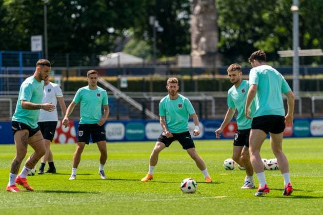 EURO 2024, Nationalteam Österreich, Training SOCCER - UEFA EURO, EM, Europameisterschaft,Fussball 2024 BERLIN,GERMANY,24.JUN.24 - UEFA EURO 2024, group stage, Austria vs Netherlands, preview, training Team AUT. Image shows Marko Arnautovic, Christoph Baumgartner, Florian Kainz and Stefan Posch (AUT).  GEPAxpictures xJohannesxFriedl