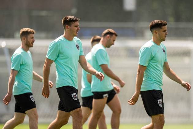 EURO 2024, Nationalteam Österreich, Training SOCCER - UEFA EURO, EM, Europameisterschaft,Fussball 2024 BERLIN,GERMANY,24.JUN.24 - UEFA EURO 2024, group stage, Austria vs Netherlands, preview, training Team AUT. Image shows Florian Kainz, Maximilian Woeber and Christoph Baumgartner (AUT).  GEPAxpictures xJohannesxFriedl