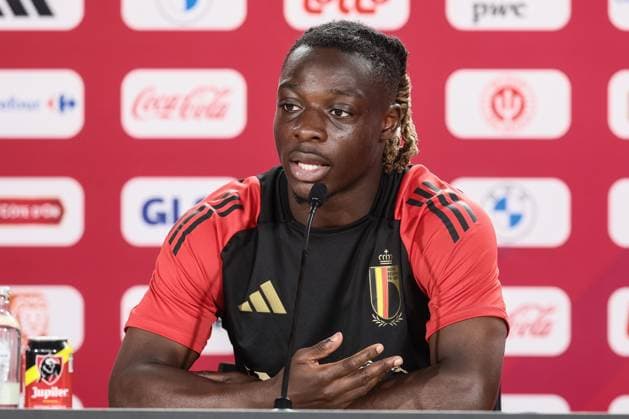 Belgium s Jeremy Doku pictured during a press conference, PK, Pressekonferenz of Belgian national soccer team Red Devils, Monday 24 June 2024 at their base camp in Freiberg am Neckar, Germany, during the UEFA EURO, EM, Europameisterschaft,Fussball 2024 European Soccer Championships. The Red Devils play in Group E at the Euro 2024 European Championships in Germany and have one last game to play. BRUNOxFAHY  x95171901x
