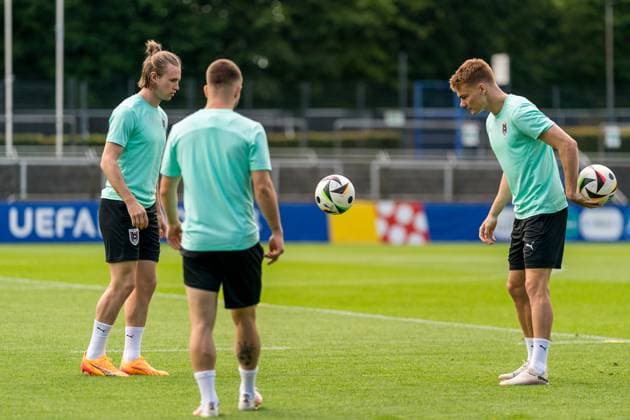 EURO 2024, Nationalteam Österreich, Training SOCCER - UEFA EURO, EM, Europameisterschaft,Fussball 2024 BERLIN,GERMANY,24.JUN.24 - UEFA EURO 2024, group stage, Austria vs Netherlands, preview, training Team AUT. Image shows Patrick Wimmer, Romano Schmid and Philipp Lienhart (AUT).  GEPAxpictures xJohannesxFriedl