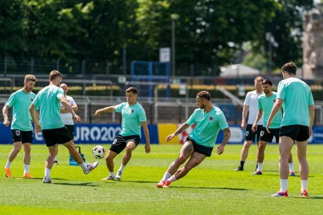 EURO 2024, Nationalteam Österreich, Training SOCCER - UEFA EURO, EM, Europameisterschaft,Fussball 2024 BERLIN,GERMANY,24.JUN.24 - UEFA EURO 2024, group stage, Austria vs Netherlands, preview, training Team AUT. Image shows Florian Kainz, Christoph Baumgartner, Marko Arnautovic and Florian Grillitsch (AUT).  GEPAxpictures xJohannesxFriedl