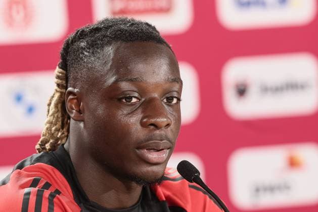 Belgium s Jeremy Doku pictured during a press conference, PK, Pressekonferenz of Belgian national soccer team Red Devils, Monday 24 June 2024 at their base camp in Freiberg am Neckar, Germany, during the UEFA EURO, EM, Europameisterschaft,Fussball 2024 European Soccer Championships. The Red Devils play in Group E at the Euro 2024 European Championships in Germany and have one last game to play. BRUNOxFAHY  x95171961x