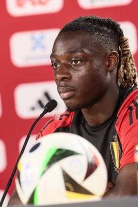 Belgium s Jeremy Doku pictured during a press conference, PK, Pressekonferenz of Belgian national soccer team Red Devils, Monday 24 June 2024 at their base camp in Freiberg am Neckar, Germany, during the UEFA EURO, EM, Europameisterschaft,Fussball 2024 European Soccer Championships. The Red Devils play in Group E at the Euro 2024 European Championships in Germany and have one last game to play. BRUNOxFAHY  x95171965x