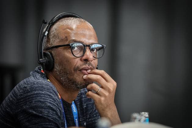 RTBF Journalist Ebenezer Eby Brouzakis pictured during a press conference, PK, Pressekonferenz of Belgian national soccer team Red Devils, Monday 24 June 2024 at their base camp in Freiberg am Neckar, Germany, during the UEFA EURO, EM, Europameisterschaft,Fussball 2024 European Soccer Championships. The Red Devils play in Group E at the Euro 2024 European Championships in Germany and have one last game to play. BRUNOxFAHY  x95172476x