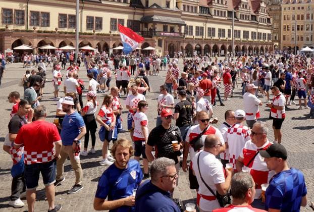 PXL_CRO football fans Croatian football fans in Leipzig, Germany before UEFA EURO, EM, Europameisterschaft,Fussball 2024 football match Croatia - Italy on 24. June 2024. LukaxStanzl PIXSELL