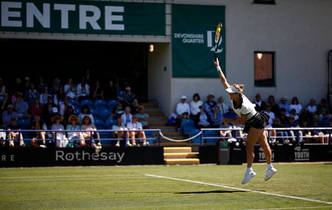 24th June 2024; Devonshire Park, Eastbourne, East Sussex, England: Rothesay International Eastbourne, Day 1, Anastasia Pavlyuchenkova serves to Magda Linette (POL), womens singles match  ActionPlus12659754 HongboxChen