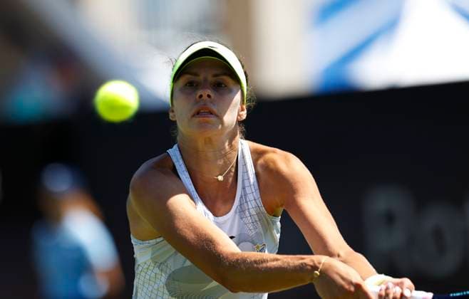 24th June 2024; Devonshire Park, Eastbourne, East Sussex, England: Rothesay International Eastbourne, Day 1, Magda Linette (POL) plays a backhand against Anastasia Pavlyuchenkova, womens singles match  ActionPlus12659762 HongboxChen