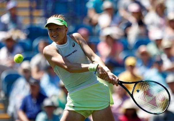 24th June 2024; Devonshire Park, Eastbourne, East Sussex, England: Rothesay International Eastbourne, Day 1, Harriet Dart (GBR) plays a forehand against Marie Bouzkova (CZE), womens singles match  ActionPlus12659775 HongboxChen
