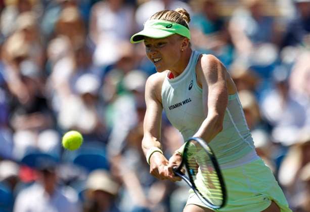 24th June 2024; Devonshire Park, Eastbourne, East Sussex, England: Rothesay International Eastbourne, Day 1, Harriet Dart (GBR) plays a forehand against Marie Bouzkova (CZE), womens singles match  ActionPlus12659778 HongboxChen