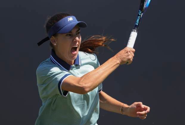 24th June 2024; Devonshire Park, Eastbourne, East Sussex, England: Rothesay International Eastbourne, Day 1, Sorana Cirstea (ROU) plays a forehand against Anhelina Kalinina (UKR) , womens singles match  ActionPlus12659794 HongboxChen