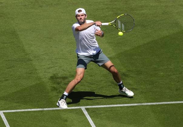 24th June 2024; Devonshire Park, Eastbourne, East Sussex, England: Rothesay International Eastbourne, Day 1; Jacob Fearnley (GBR) plays a forehand against Billy Harris(GBR), mens singles match  ActionPlus12659798 HongboxChen