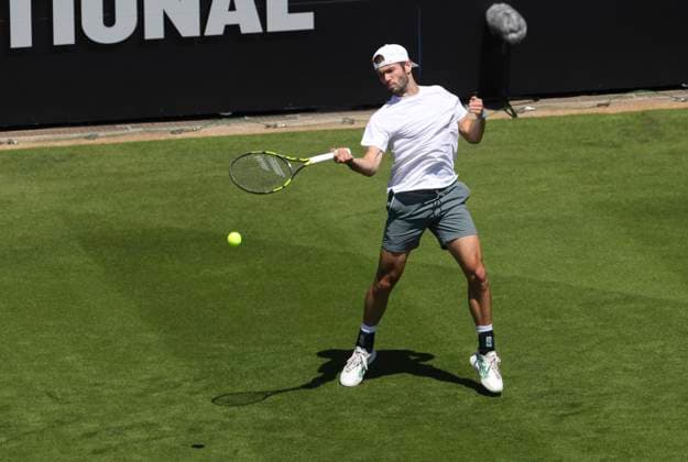 24th June 2024; Devonshire Park, Eastbourne, East Sussex, England: Rothesay International Eastbourne, Day 1; Jacob Fearnley (GBR) plays a forehand against Billy Harris(GBR), mens singles match  ActionPlus12659799 HongboxChen